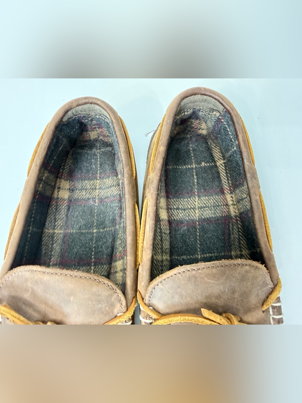 L.L. Bean Brown Hand Sewn Leather Slippers Flannel Lined Men’s Size 10 Classic - Picture 11 of 13